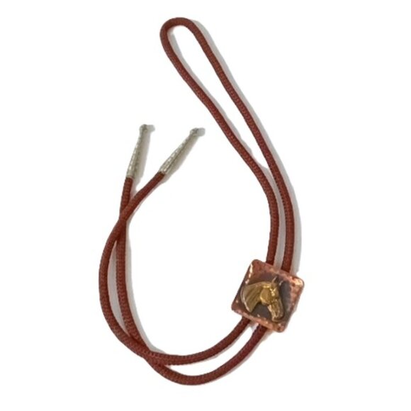Western Cowboy Other - Western Cowboy Bolo Tie Brown Cord Silvered Ends w/ Brass Horse's Head on Copper